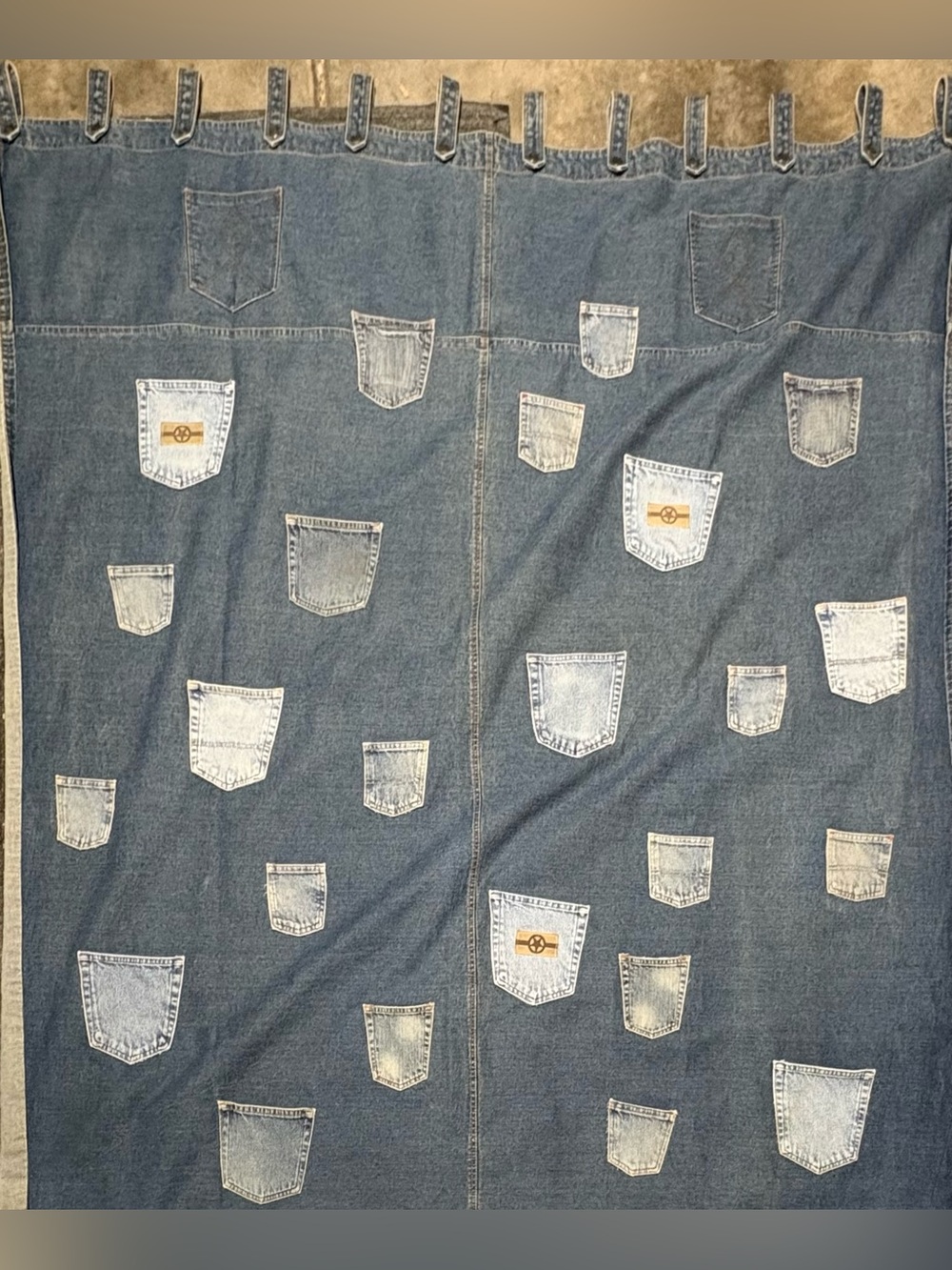 Upcycled Heavy Denim Shower Curtain W/ Hand Sewn Blue Jean Pockets Wall Hanging